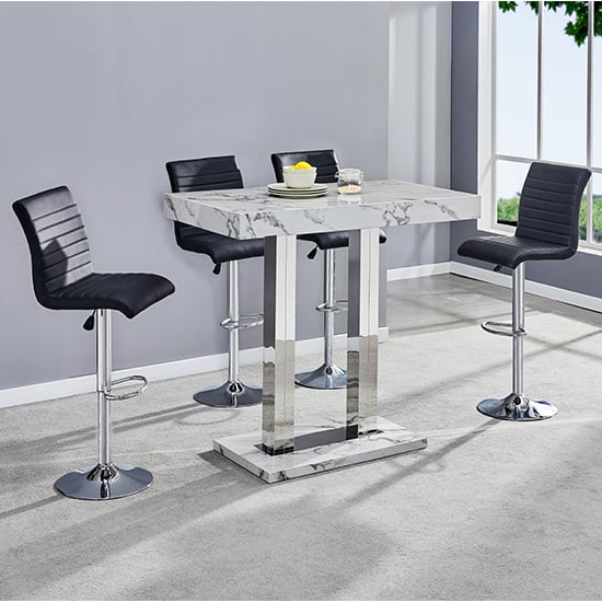 Caprice Diva Marble Effect Gloss Bar Table 4 Ripple Black Stools | Bed Sava
