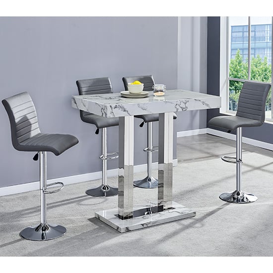 Caprice Diva Marble Effect Gloss Bar Table 4 Ripple Grey Stools | Bed Sava
