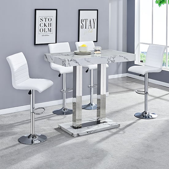 Caprice Diva Marble Effect Gloss Bar Table 4 Ripple White Stools | Bed Sava