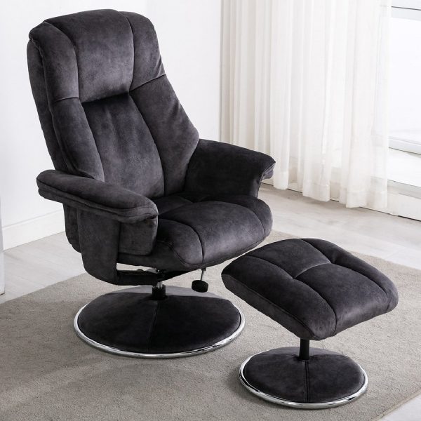 Dollis Fabric Recliner Chair With Stool In Liquorice | Bed Sava