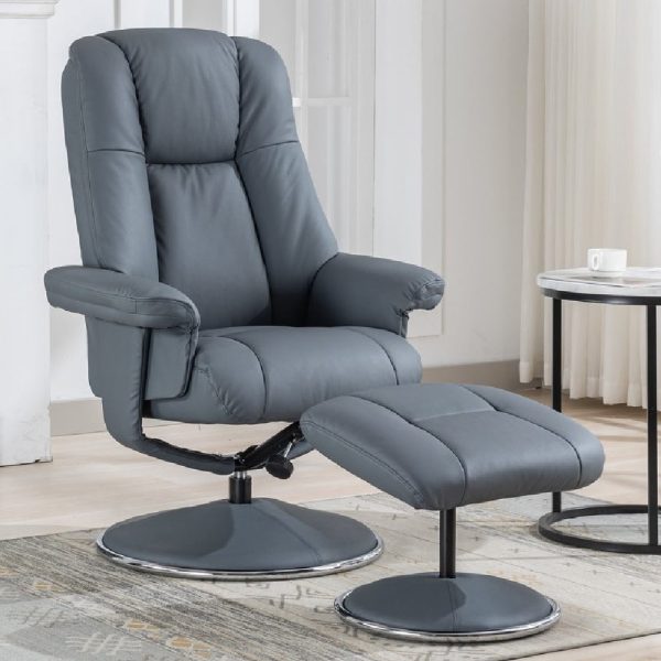 Dollis Leather Recliner Chair With Stool In Petrol Blue | Bed Sava