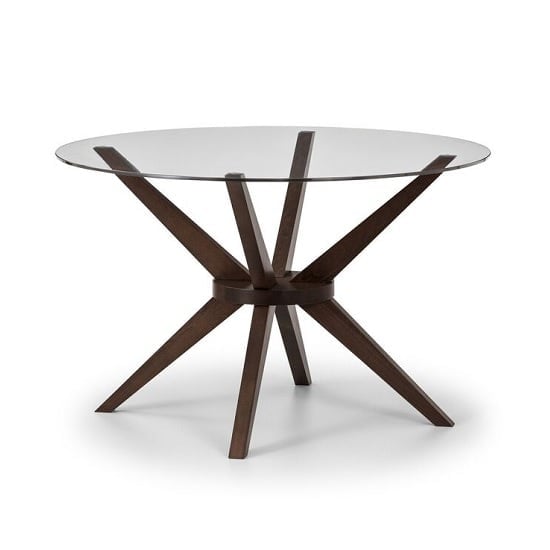 Calderon Glass Dining Table Round In Clear With Walnut Legs | Bed Sava