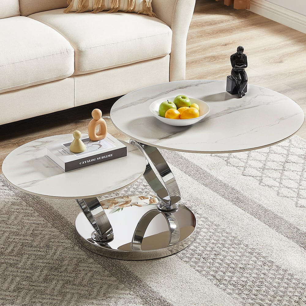 Donatella Magic Ring Swivel White Ceramic Coffee Table With Steel Base