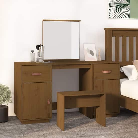 Doria Pine Wood Dressing Table With Mirror In Honey Brown