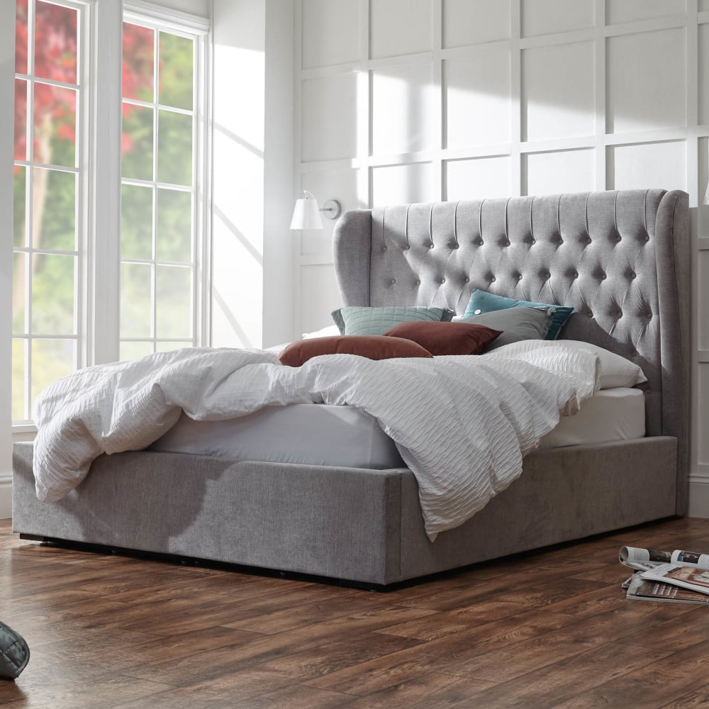 Dorking Fabric Ottoman Storage Double Bed In Platinum