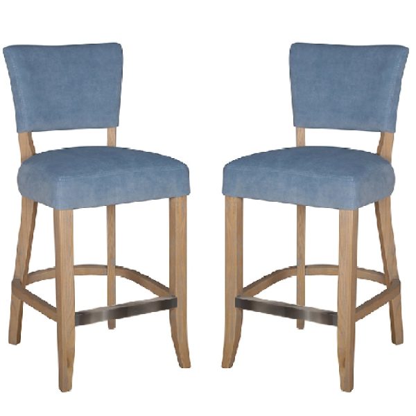 Dothan Blue Velvet Bar Chairs With Oak Legs In Pair | Bed Sava