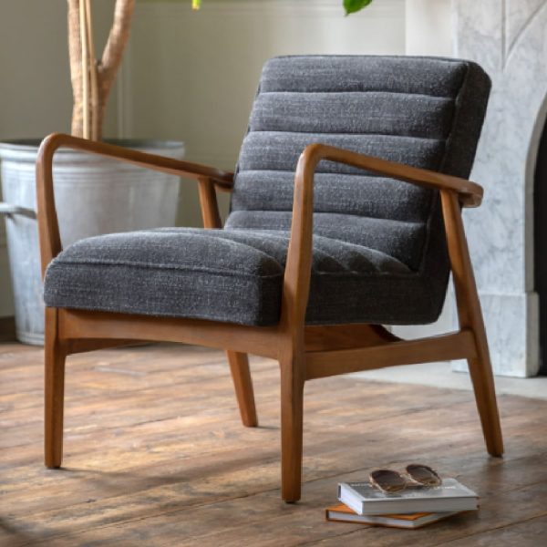 Dotson Fabric Armchair With Wooden Frame In Charcoal | Bed Sava