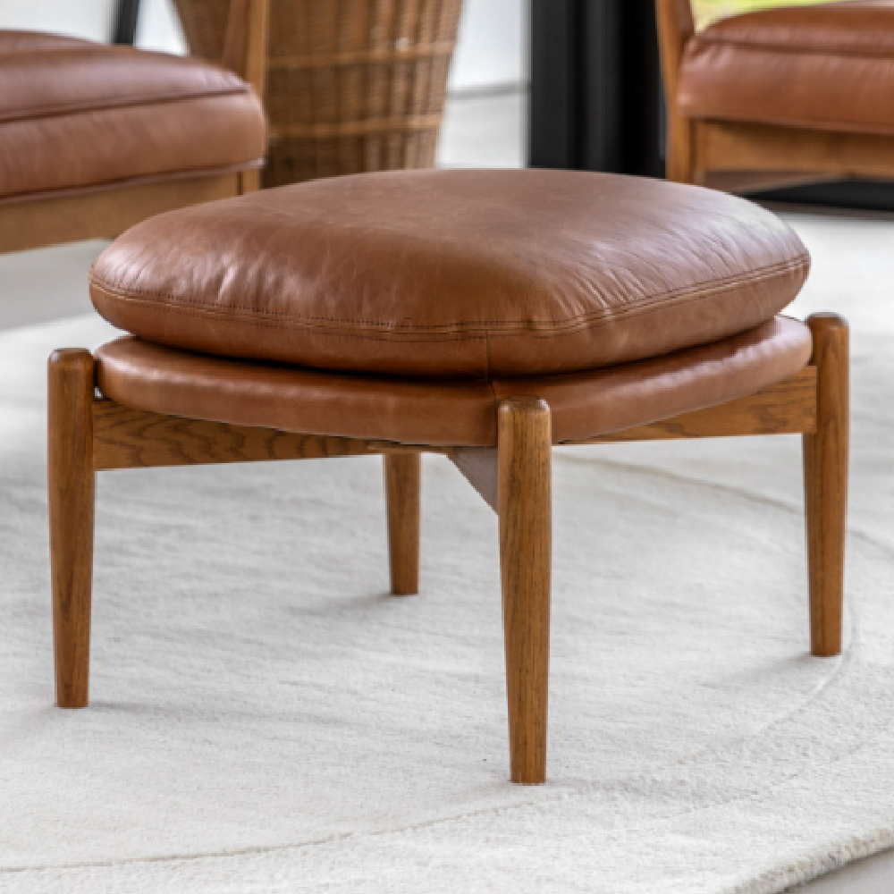 Dotson Leather Footstool With Wooden Frame In Vintage Brown
