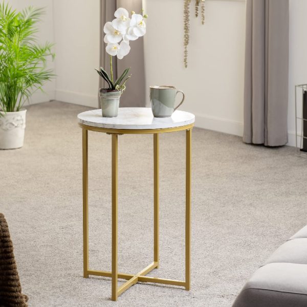 Dover Wooden Side Table With Gold Frame In White Marble Effect | Bed Sava