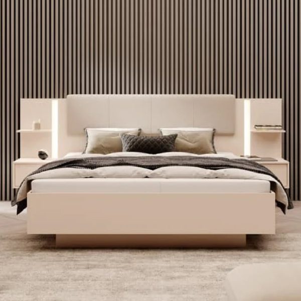 Downe Ottoman Wooden King Size Bed With Bedside Cabinets In Beige | Bed Sava