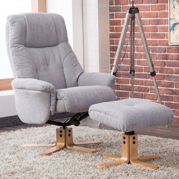 Dox Fabric Recliner Chair With Stool In Lisbon Silver | Bed Sava