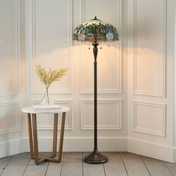 Dragonfly Blue Tiffany Glass Shade Floor Lamp In Satin Black | Bed Sava