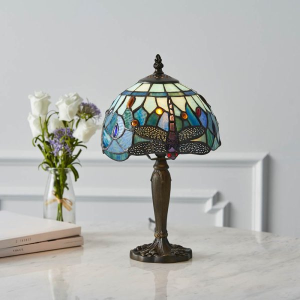Dragonfly Blue Tiffany Glass Shade Table Lamp In Satin Black | Bed Sava
