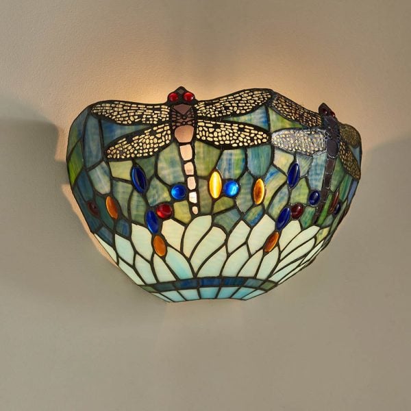 Dragonfly Blue Tiffany Glass Shade Wall Light In Matt Black | Bed Sava