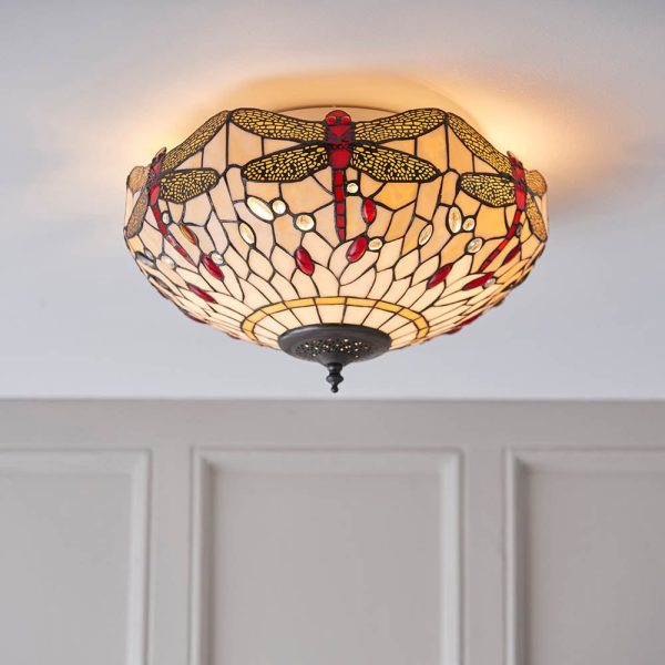 Dragonfly Tiffany Glass Shade Flush Ceiling Light In Dark Bronze | Bed Sava
