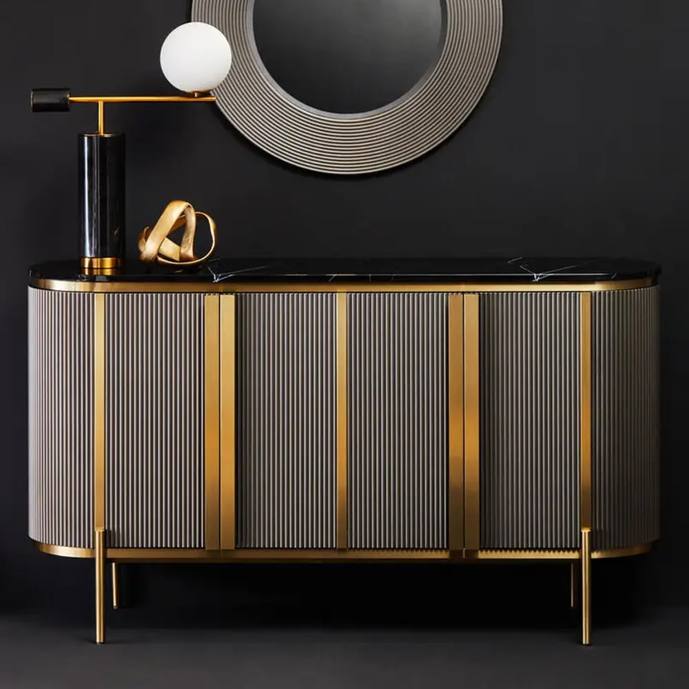 Draper Large Wooden Storage Cabinet In Grey And Black Marble Effect