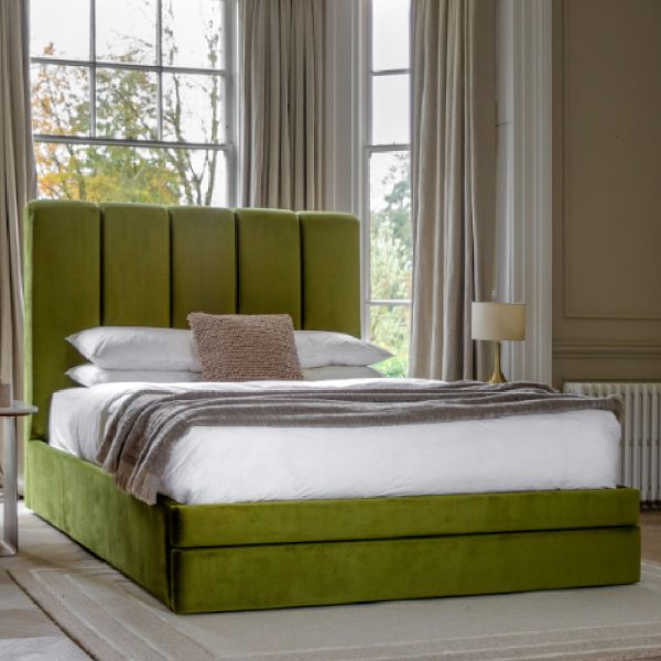 Dublin Velvet King Size Bed With 2 Drawers In Olive | Bed Sava