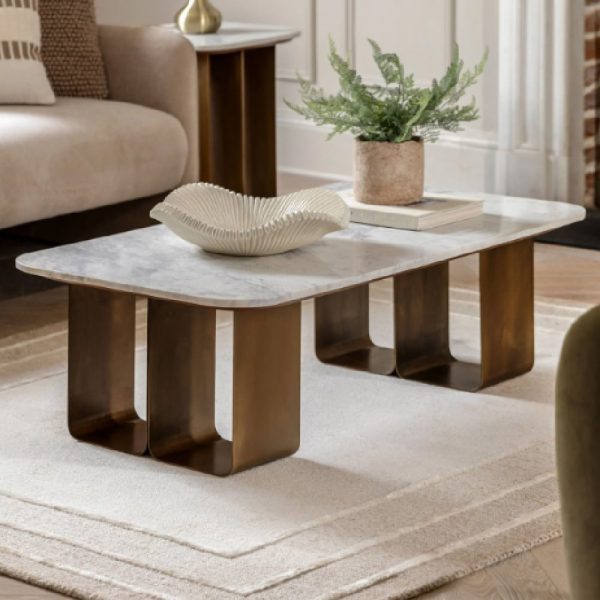 Duluth White Marble Top Coffee Table With Gold Base | Bed Sava