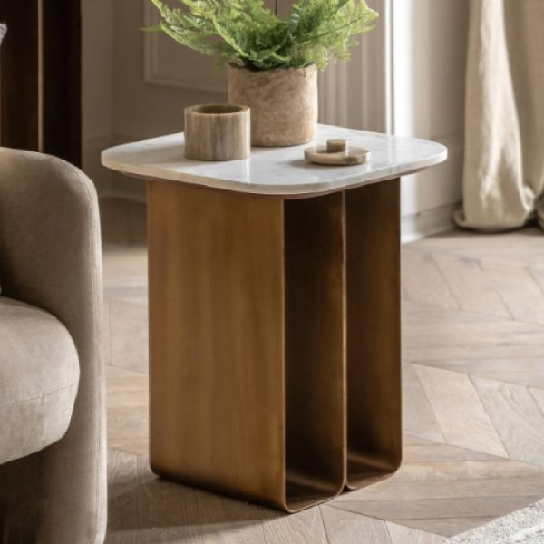 Duluth White Marble Top Side Table With Gold Base | Bed Sava