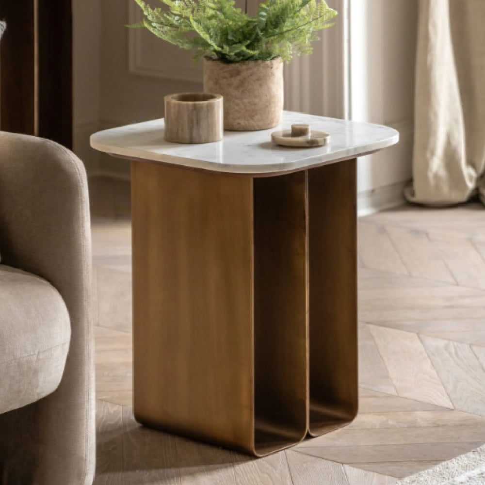 Duluth White Marble Top Side Table With Gold Base