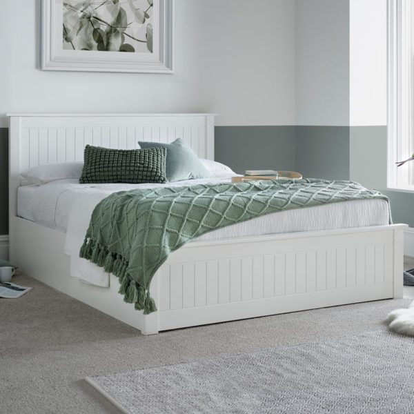 Duncan Wooden Ottoman Storage King Size Bed In White | Bed Sava