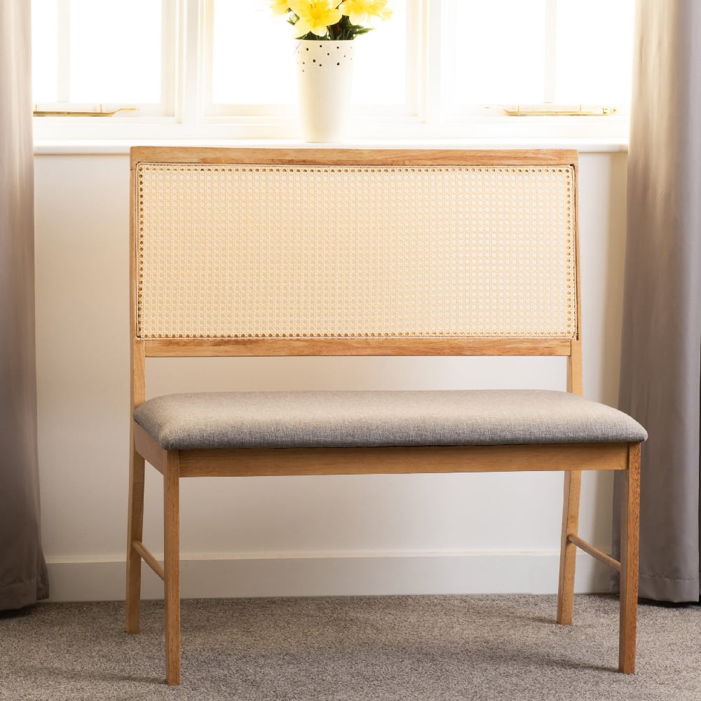 Earlville Wooden Dining Bench With Grey Fabric Seat In Oak