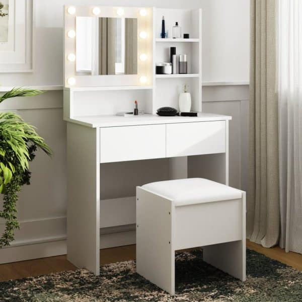 Eden Wooden Dressing Table Set In White With LED | Bed Sava