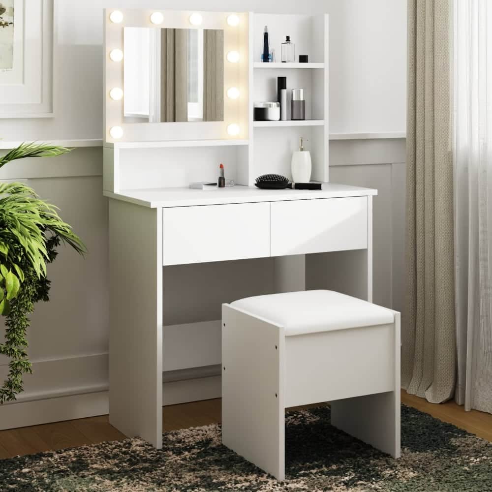Eden Wooden Dressing Table Set In White With LED