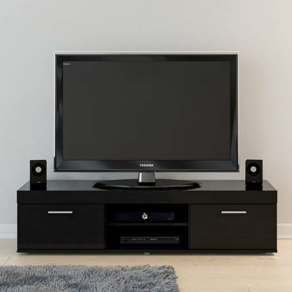 Edged High Gloss TV Stand With 2 Doors In Black