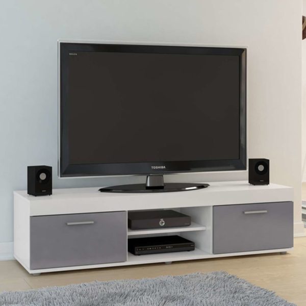 Edged High Gloss TV Stand With 2 Doors In Grey And White | Bed Sava