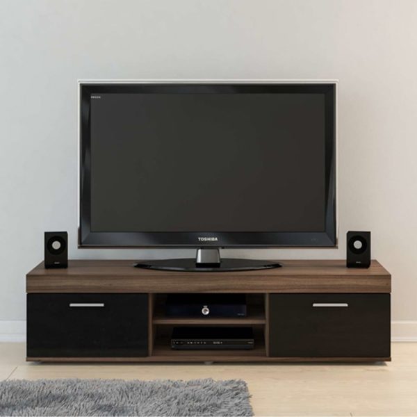 Edged Wooden TV Stand With 2 Black Gloss Doors In Walnut | Bed Sava