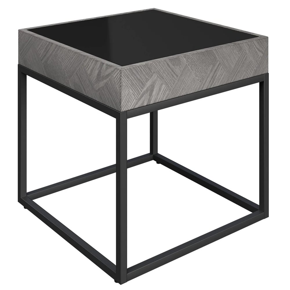 Edison Black Glass Side Table With Grey Metal Frame