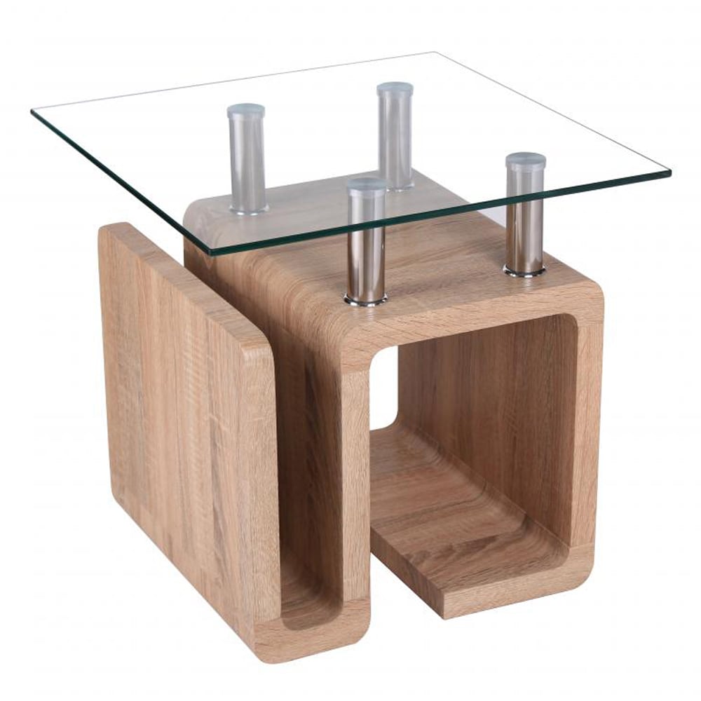 Eirian Clear Glass Top Lamp Table With Natural Wooden Base | Bed Sava