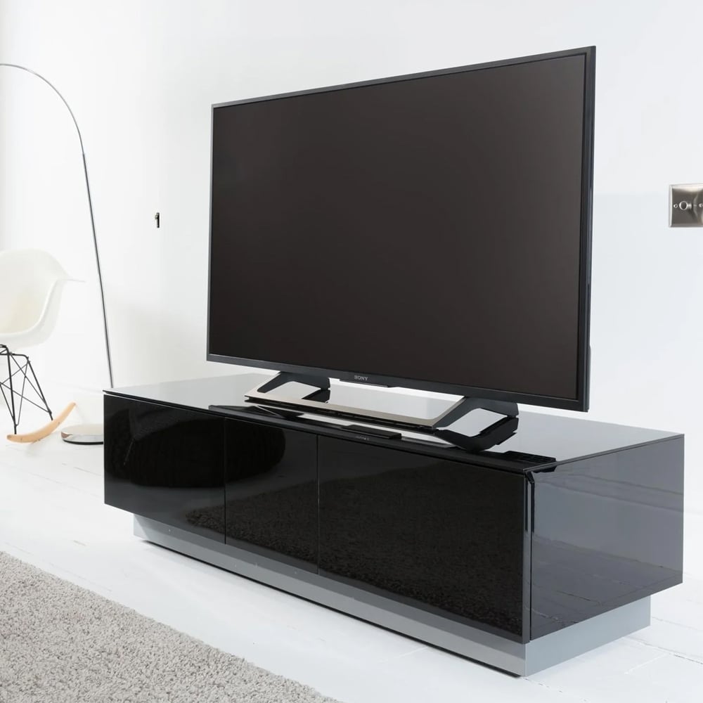 Elements XL Wooden TV Stand With 2 Glass Doors In Black | Bed Sava