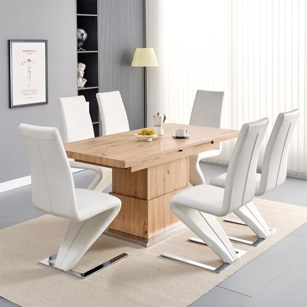 Elgin Convertible Sonoma Oak Dining Table 6 Demi White Chairs | Bed Sava