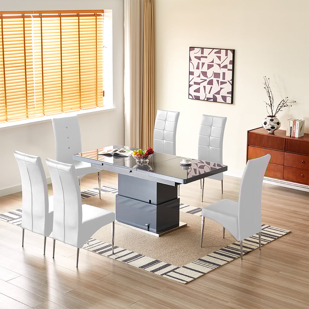 Elgin Convertible Grey Gloss Dining Table 6 Vesta White Chairs
