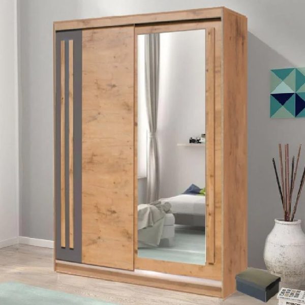Elmira Wooden Wardrobe 150cm With 2 Sliding Doors In Lancelot Oak | Bed Sava
