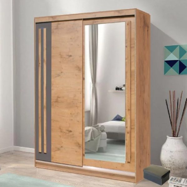 Elmira Wooden Wardrobe 175cm With 2 Sliding Doors In Lancelot Oak | Bed Sava