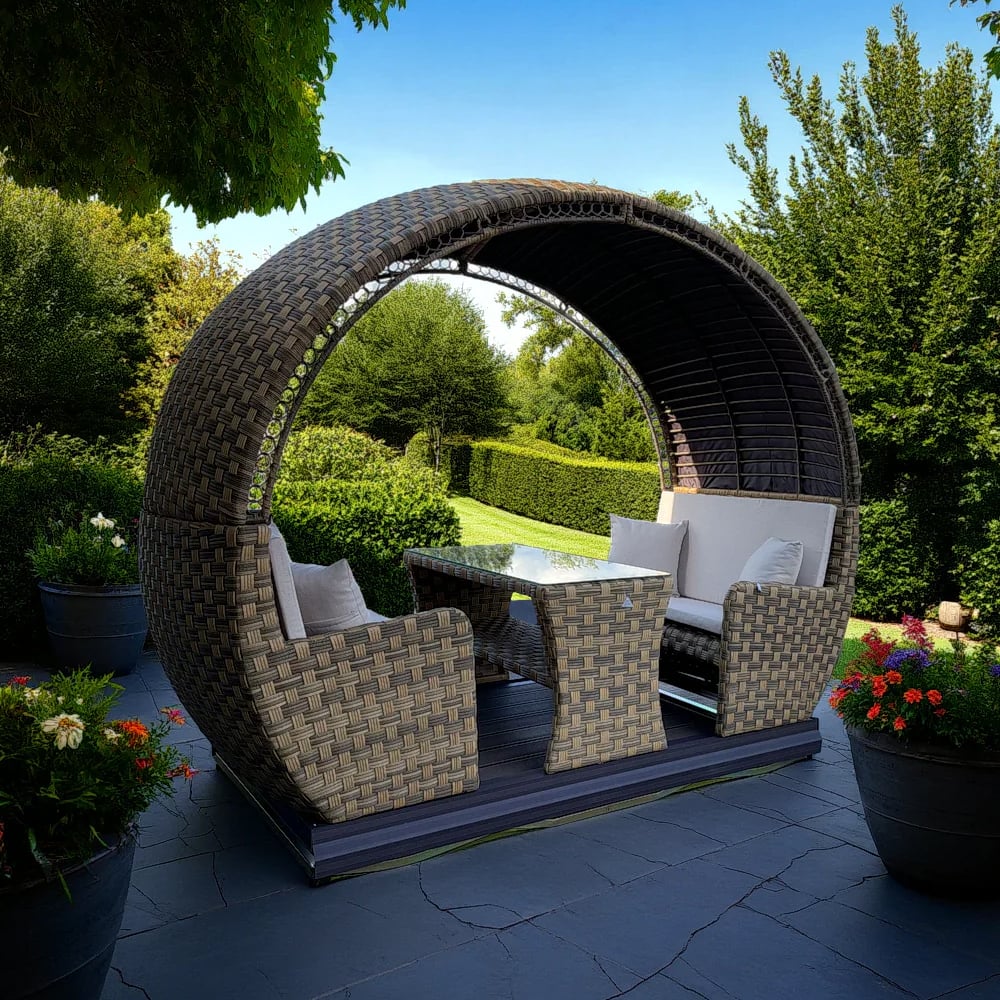 Elmont Rattan Sliding Garden Seating Set With Cushions In Brown