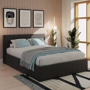 Eltham End Lift PU Leather Ottoman Double Bed In Black | Bed Sava