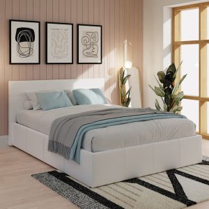 Eltham End Lift PU Leather Ottoman Double Bed In White | Bed Sava
