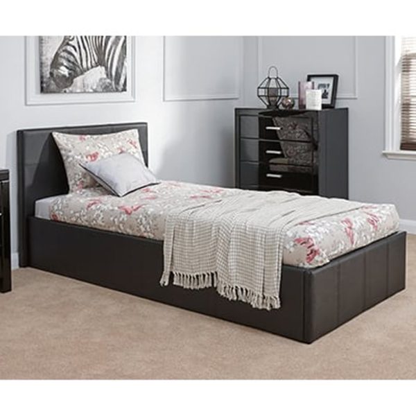 Eltham End Lift PU Leather Ottoman Single Bed In Black | Bed Sava