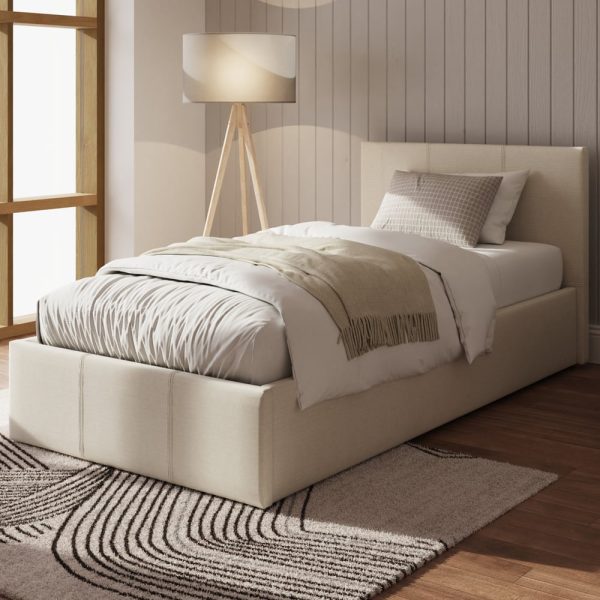 Eltham Side Lift PU Leather Ottoman Single Bed In Natural | Bed Sava