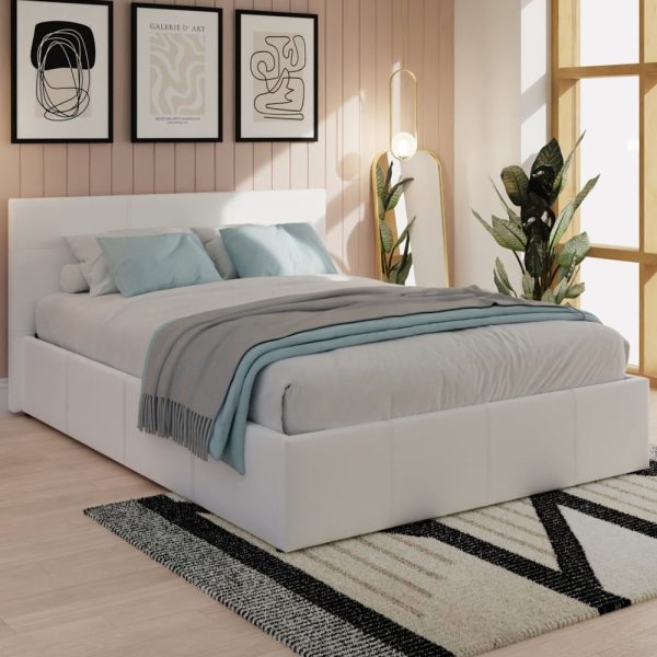 Eltham Side Lift PU Leather Ottoman Small Double Bed In White | Bed Sava
