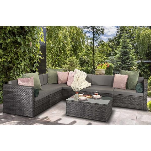 Elvan Rattan Garden Corner Sofa Set With Coffee Table In Grey | Bed Sava