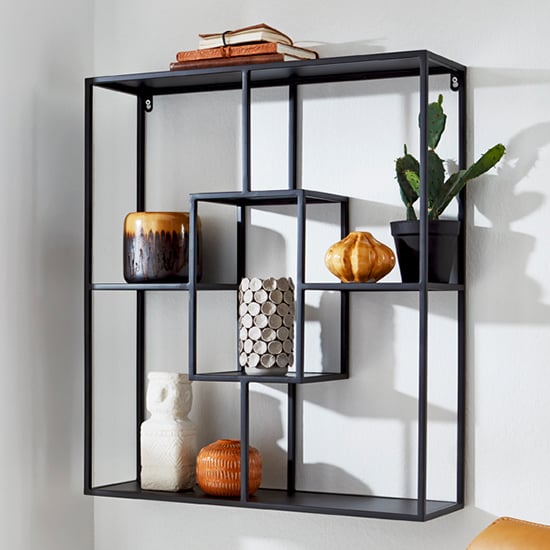 Elwoka Metal 4 Shelves Geometric Wall Shelf In Black | Bed Sava