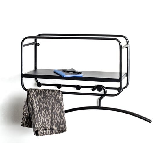 Elwoka Metal Wall Shelf With 5 Coat Hanging Hooks In Black | Bed Sava