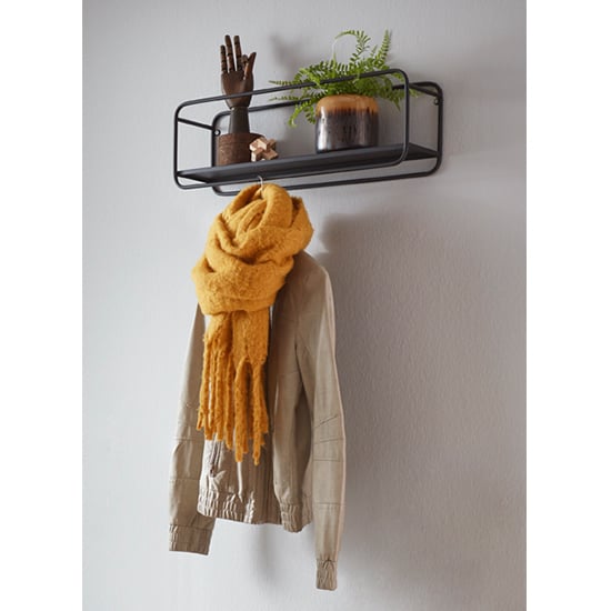 Elwoka Metal Wall Shelf With Coat Rack In Black | Bed Sava