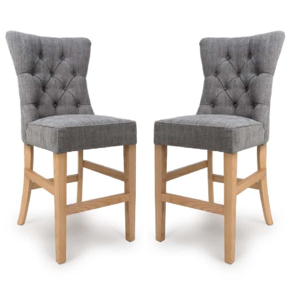 Elyria Grey Fabric Bar Chairs With Oak Legs In Pair