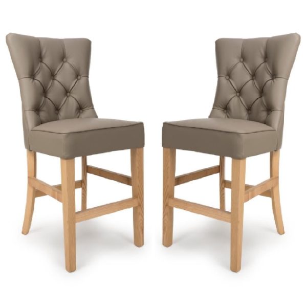 Elyria Taupe PU Leather Bar Chairs With Oak Legs In Pair | Bed Sava